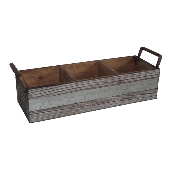 H2H Gray Wash wooden 3 Slot Storage Caddy with Side Metal Handles & Center Galvanized Accent H22546482
